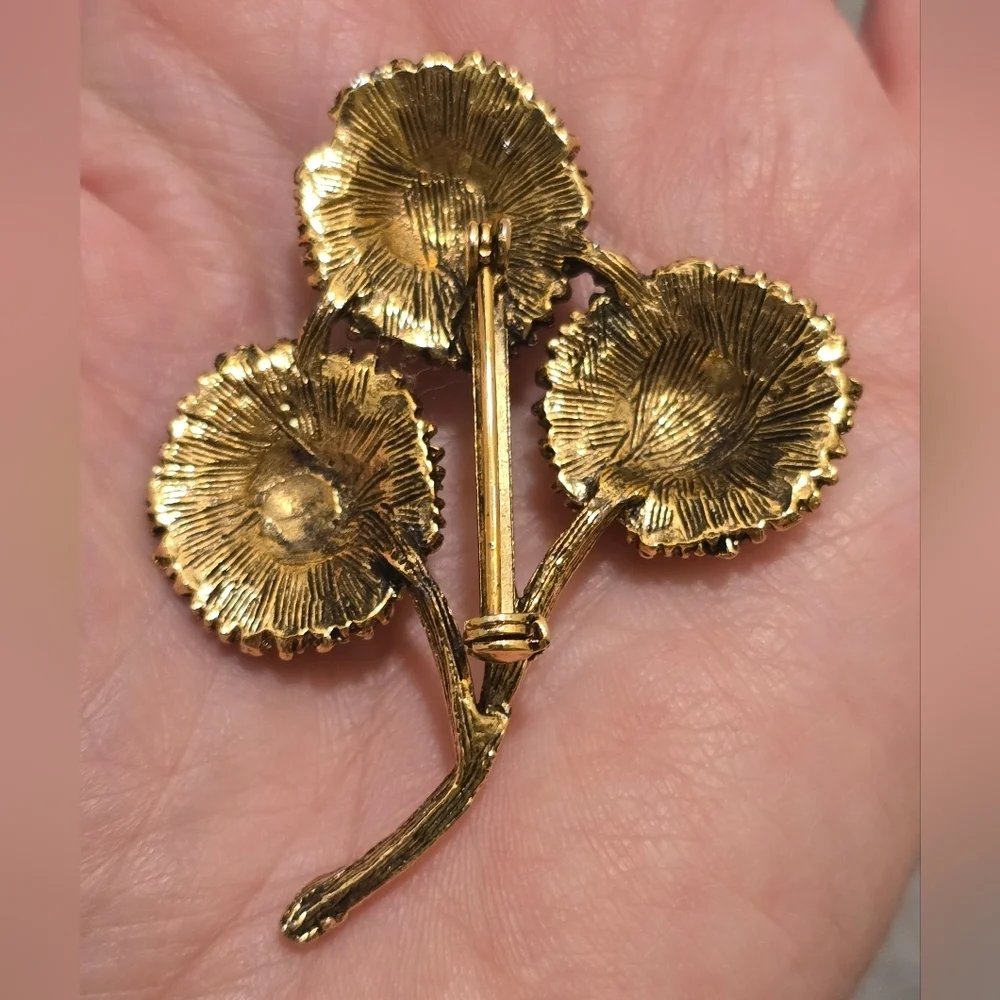 Gold Floral Brooch with Green and Orange Accents Vintage Metal Charm Assessory